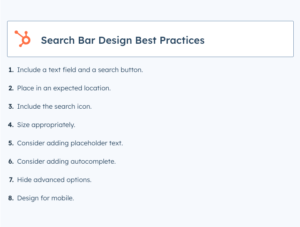 List of 'search bar design best practices' including size appropriately and design for mobile.