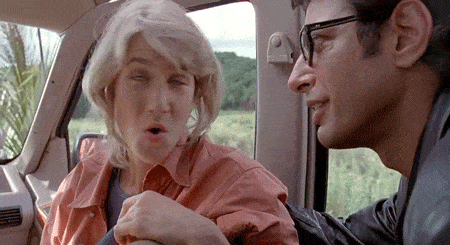 Giphy clip from Jurassic Park of woman gesturing that something has gone over her head.