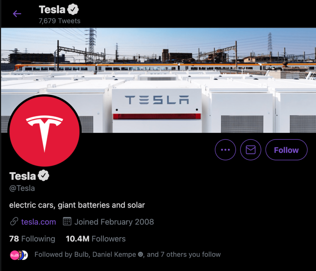 Tesla's Twitter bio is "electric cars, giant batteries and solar".