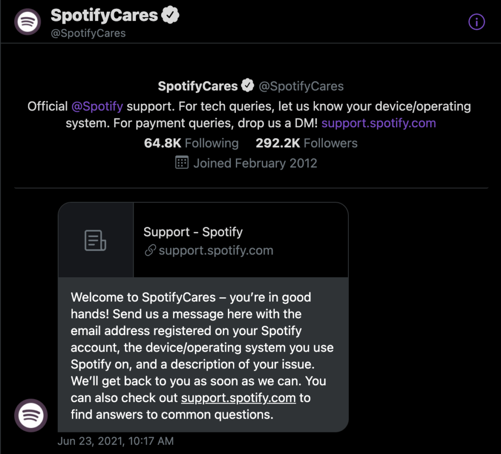 Spotify's automated welcome message when you message them in the DMs.