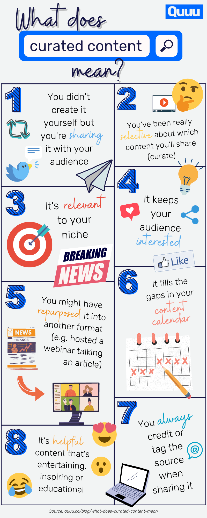 An infographic answering "what does curated content mean" with 8 parts. It's not your own original content. You've been really selective. It's relevant to your niche. It keeps your audience interested. It may have been repurposed. It fills gaps in your content calendar. You always credit the source. It's helpful and evokes emotion. 