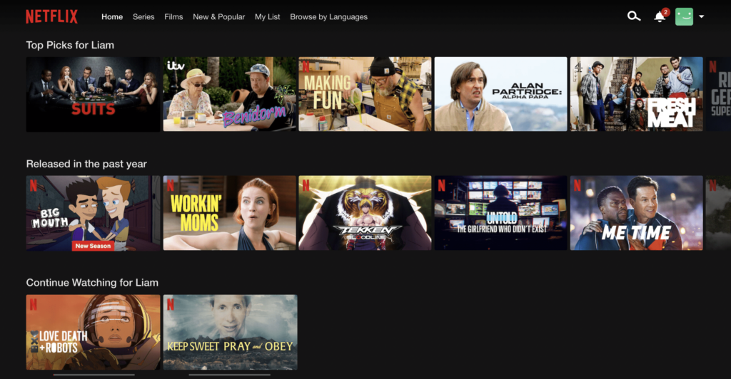 The Netflix homepage shows recommended shows for the user.
