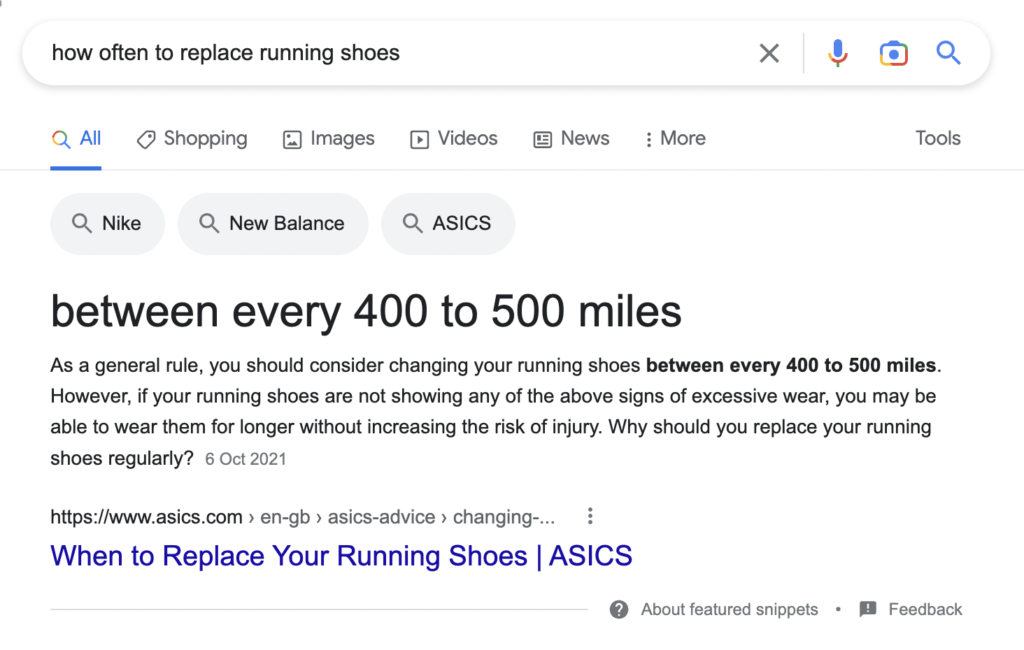 The features snippet for the search term "how often to replace running shoes".
