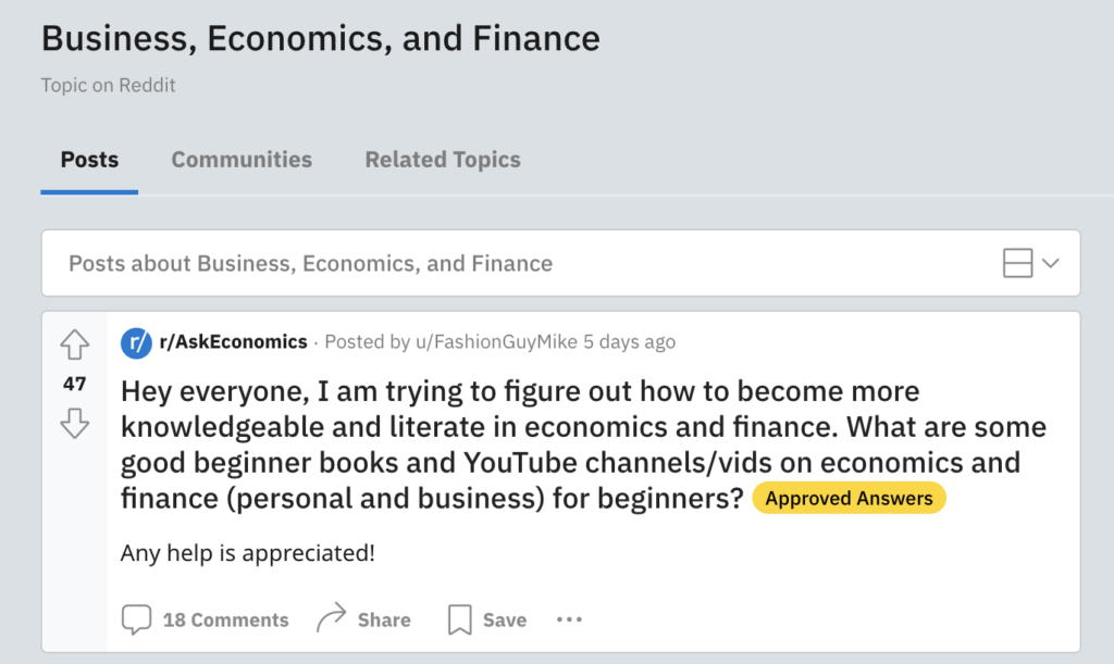 The Business, Economics, and Finance section on Reddit.