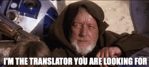 The Star Wars character Obi-Wan Kenobi using a Jedi mind trick on stormtroopers stating 'I'm the translator you are looking for'. 
