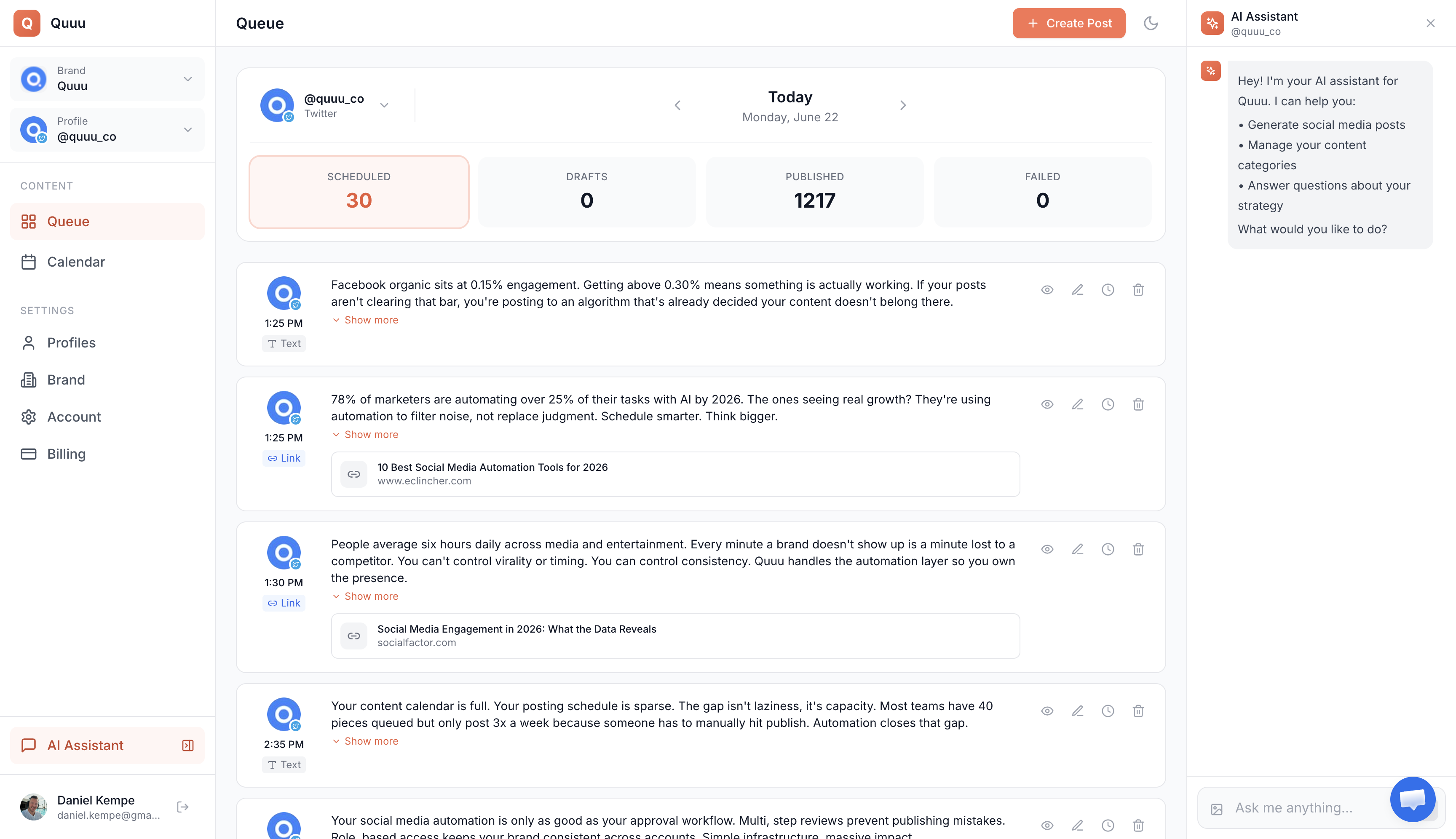 Quuu dashboard